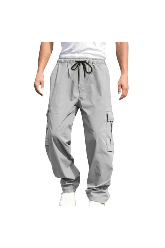 Men's Cargo Pants with Drawstring Waist and Multiple Pockets Solid Elastic Adjustable Tie Closure Work Pants