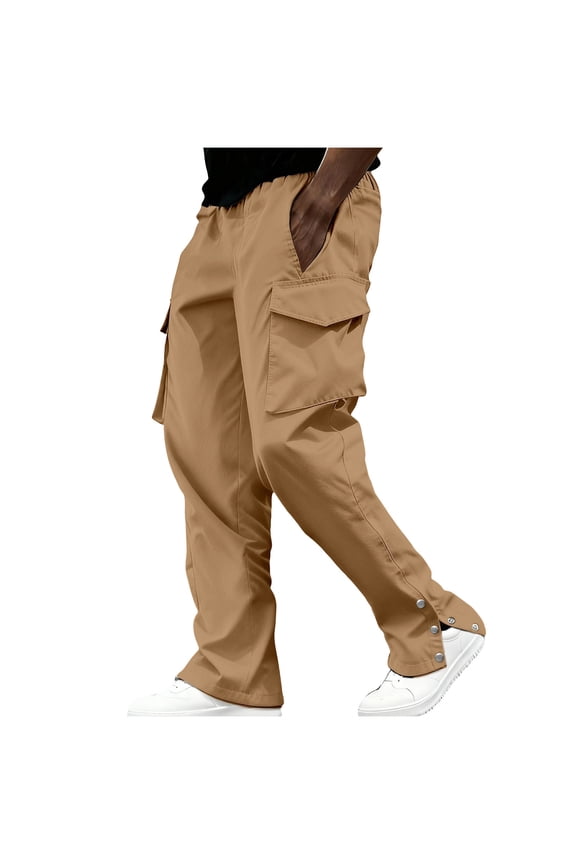 Men's Cargo Pants with Snap Snap Adjustable Ankle Solid Color Stretch Work Trousers with Multiple Pockets and Drawstring Waist