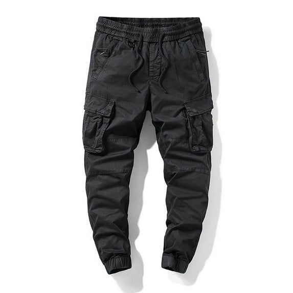hoksml Men's Casual Cargo Pants Solid Color Zipper Pockets Elastic Waist Drawstring Full Length Pants Outdoor Sports Jogger Work Trousers Bind Pants