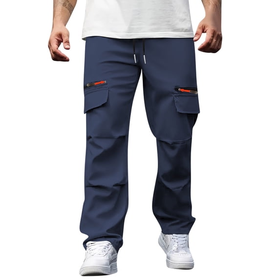 hoksml Men's Casual Cargo Pants with Drawstring Waist Loose Fit Straight Leg Outdoor Work Pants Multiple Pockets Utility Trousers