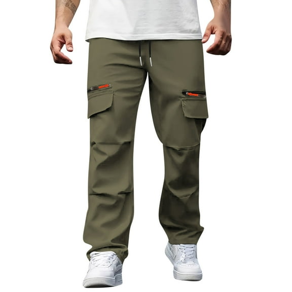 hoksml Men's Casual Cargo Pants with Drawstring Waist Loose Fit Straight Leg Outdoor Work Pants Multiple Pockets Utility Trousers