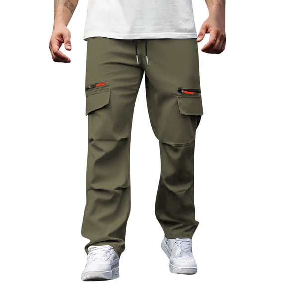 hoksml Men's Casual Cargo Pants with Drawstring Waist Loose Fit Straight Leg Outdoor Work Pants Multiple Pockets Utility Trousers