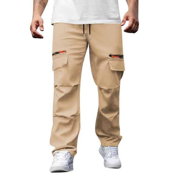 hoksml Men's Casual Cargo Pants with Drawstring Waist Loose Fit Straight Leg Outdoor Work Pants Multiple Pockets Utility Trousers