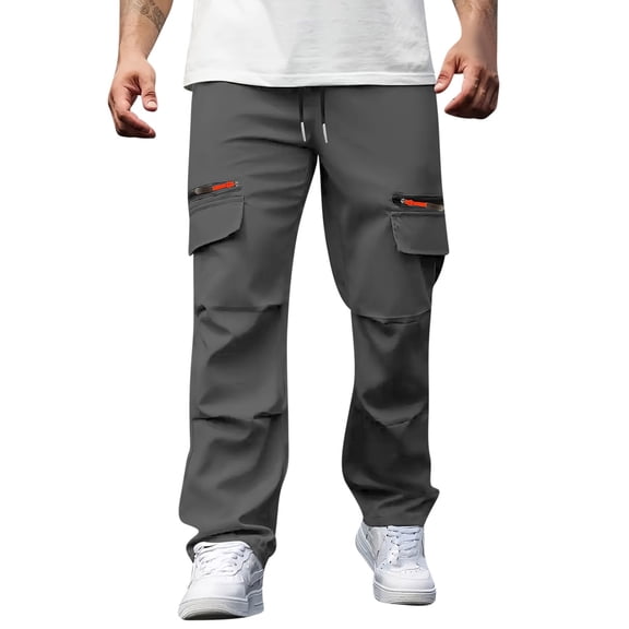hoksml Men's Casual Cargo Pants with Drawstring Waist Loose Fit Straight Leg Outdoor Work Pants Multiple Pockets Utility Trousers