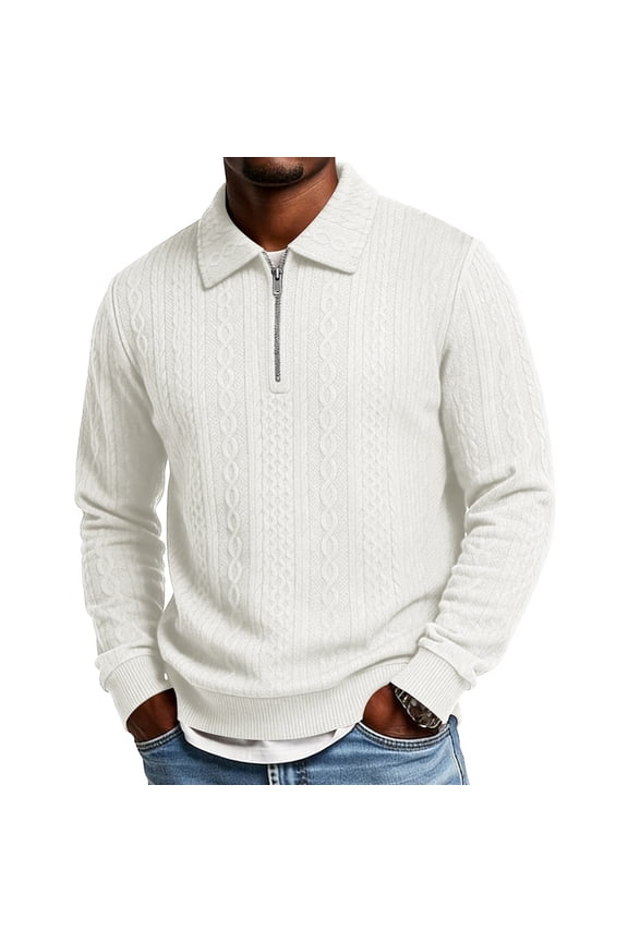 Men's Collar Quarter Zip Pullover Cable Textured Long Sleeve Sweater Loose Fit Top for Business Golf Daily Casual Wear