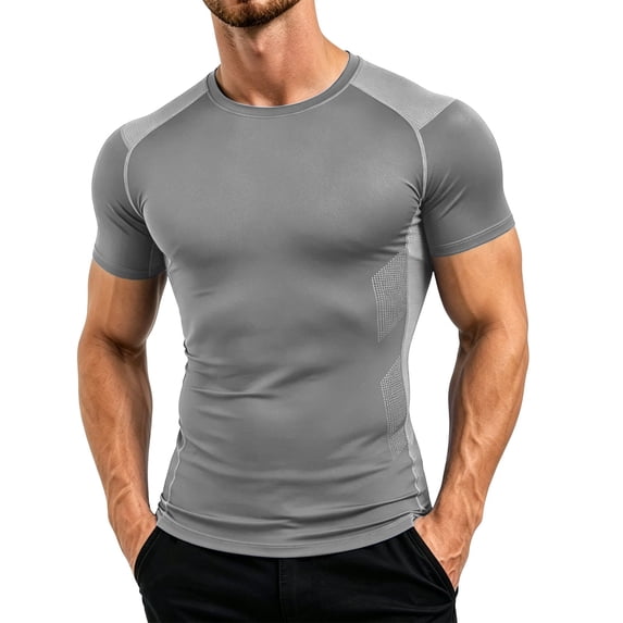 hoksml Men's Compression Short Sleeve Athletic T-Shirt, Mesh Panel Raglan Quick Dry Workout Tee, Printed Sport Graphic Slim Cut Performance Training Top