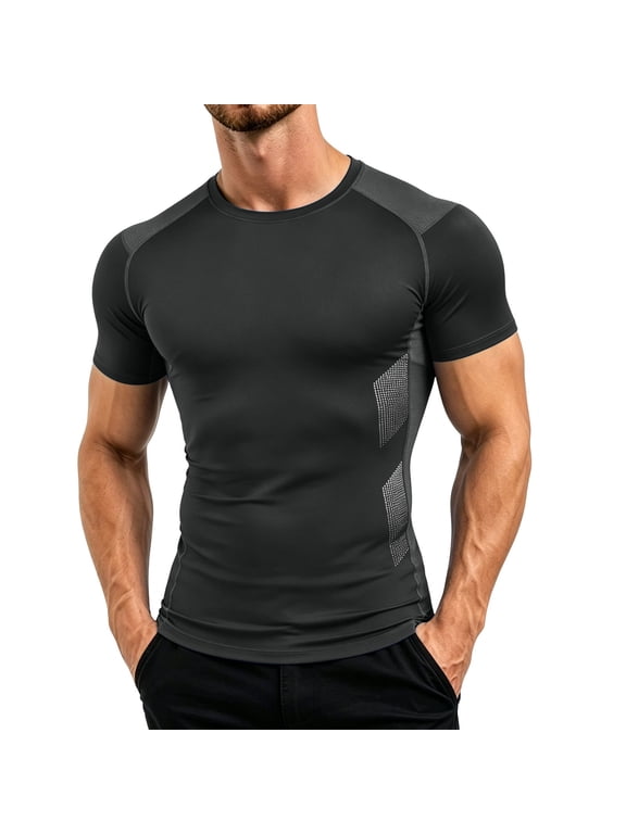Men's Compression Short Sleeve Athletic T-Shirt, Mesh Panel Raglan Quick Dry Workout Tee, Printed Sport Graphic Slim Cut Performance Training Top