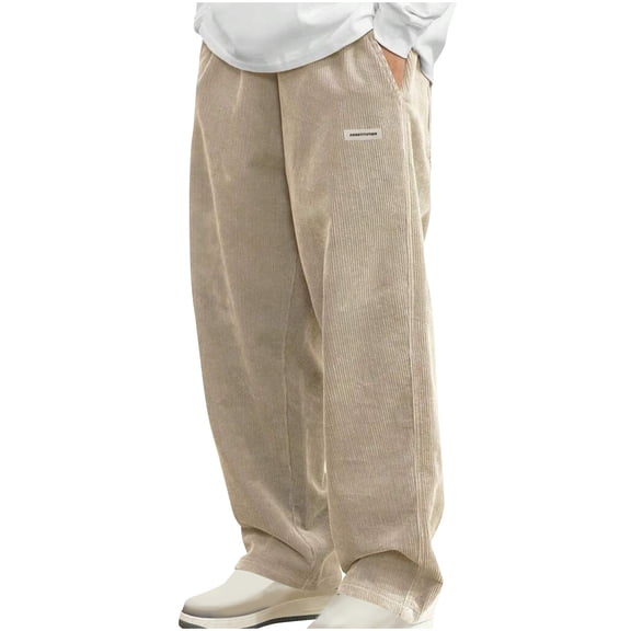 hoksml Men's Corduroy Casual Pants with Pockets - Solid Color Elastic Drawstring Waist, Spring Winter Fashion Straight Leg