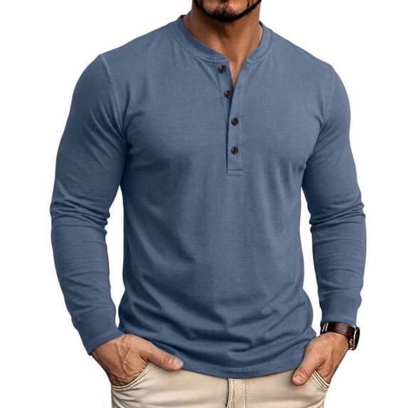 hoksml Men's Cotton Fabric Long Sleeve Henley Shirt, 4 Button Placket Solid Color Crew Neck Casual Daily Pullover Top