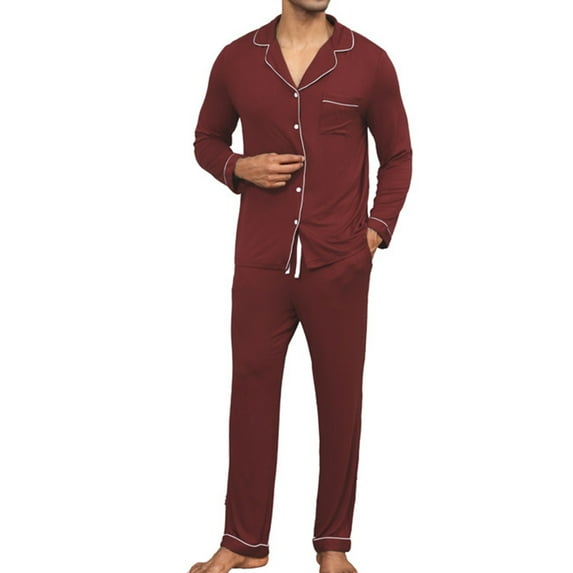 hoksml Men's Cotton Solid Color Pajama Set Comfortable Long Sleeve Button-Down Shirt with Collar and Relaxed Fit Pants 2-Piece Sleepwear and Loungewear