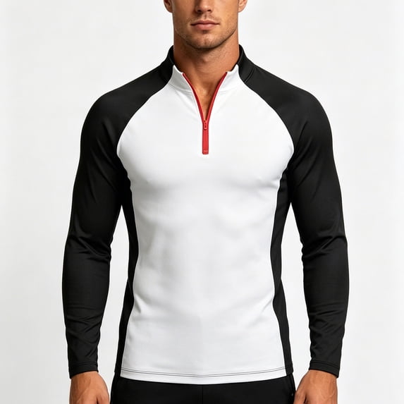 hoksml Men's Cotton Spandex Blend Color Block Raglan Long Sleeve Zip Neck Top, Half Zip Stand Collar Casual Athletic Daily Shirt