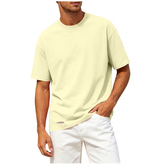 hoksml Men's Crew Neck Short Sleeve T-Shirt, Loose Fit Basic Tee with Ripped Destroyed Hem Detail Casual Tops for Daily Hip Hop Streetwear