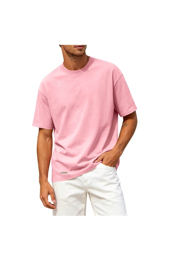 Men's Crew Neck Short Sleeve T-Shirt, Loose Fit Basic Tee with Ripped Destroyed Hem Detail Casual Tops for Daily Hip Hop Streetwear