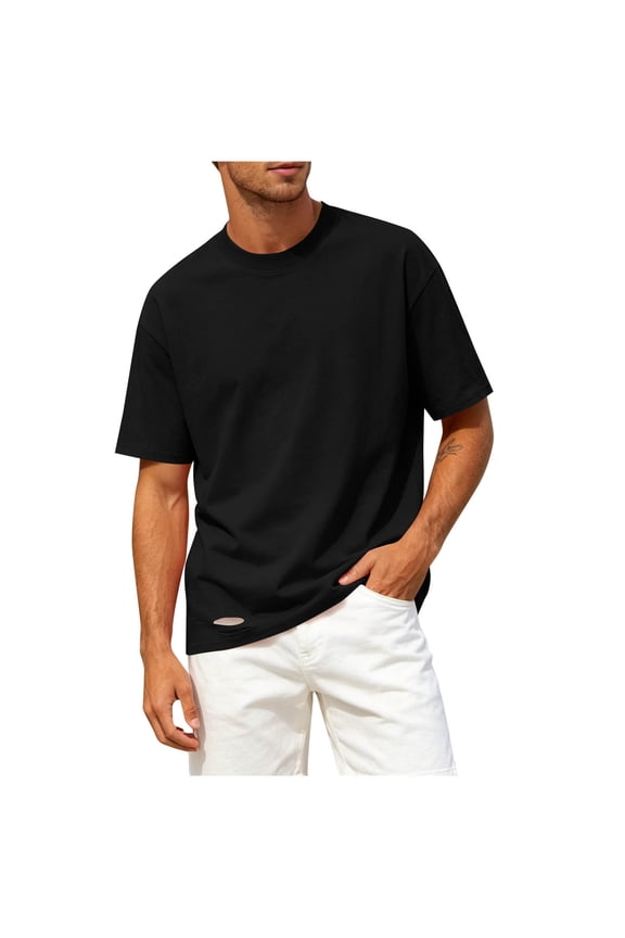 Men's Crew Neck Short Sleeve T-Shirt, Loose Fit Basic Tee with Ripped Destroyed Hem Detail Casual Tops for Daily Hip Hop Streetwear