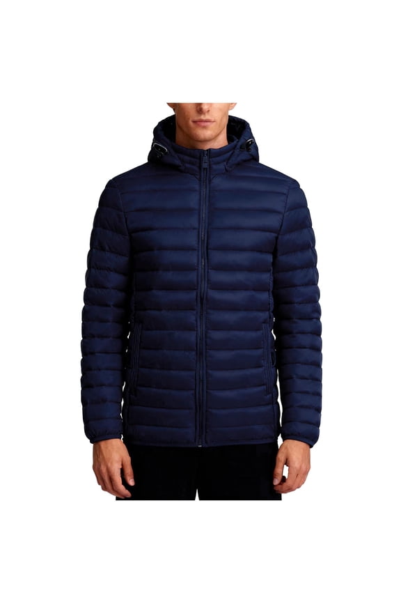 Men's Detachable Hood Puffer Jacket with Slash Pockets Solid Color Zip-Front Quilted Coat for Winter Warmth