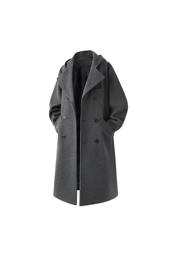 Men's Double Breasted Hooded Wool Coat Mid-Length Solid Color Casual Long Sleeve Overcoat Windbreaker Jacket with Pockets