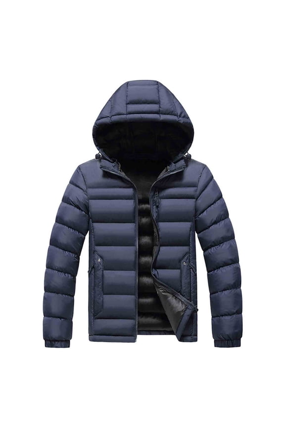 Men's Down Fill Winter Jacket Detachable Hooded Zip Up Coat with Zippered Pockets for Cold Weather