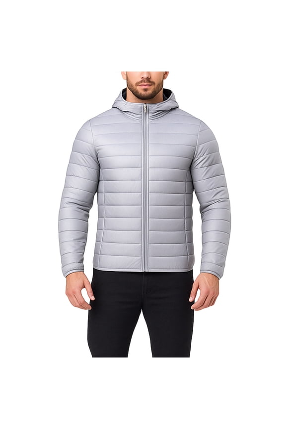 Men's Down Fill Winter Jacket Solid Color Hooded Long Sleeve Zip Up Coat with Zippered Pockets