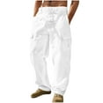 thumbnail image 1 of hoksml Men's Drawstring Cargo Pants Solid Color Linen-Look Straight Leg Casual Multi Pocket Beach Pants, 1 of 6