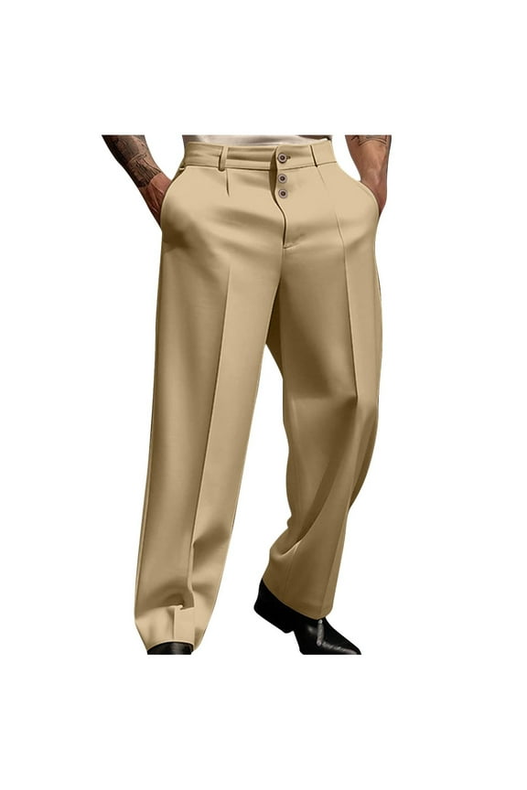 Men's Dress Pants with Angled Front Pockets and 3-Button Fly Solid Color Business Casual Trousers Flat Front Straight Leg for Office