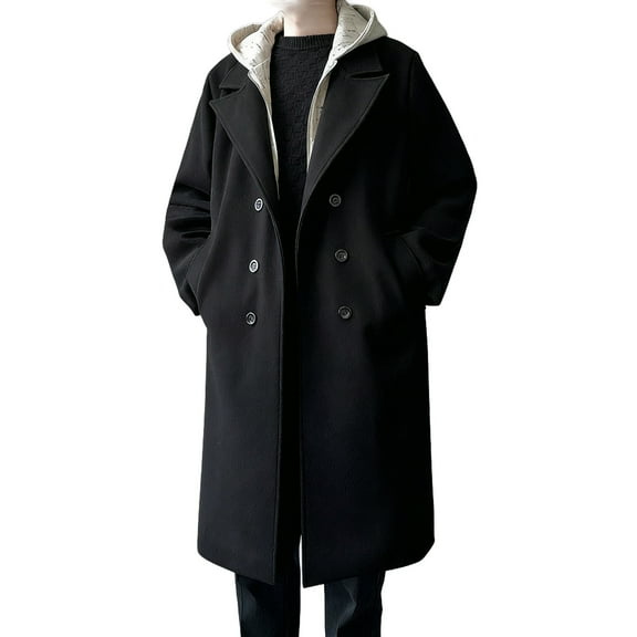 hoksml Men's Fake Two-Piece Hooded Wool Coat Color Block Plaid Lining Mid-Length Double Breasted Zipper Closure Trench Coat with Pockets