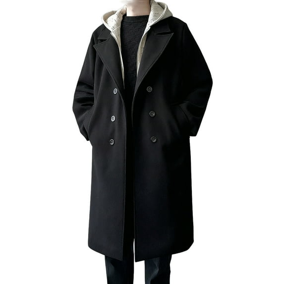 hoksml Men's Fake Two-Piece Hooded Wool Coat Color Block Plaid Lining Mid-Length Double Breasted Zipper Closure Trench Coat with Pockets