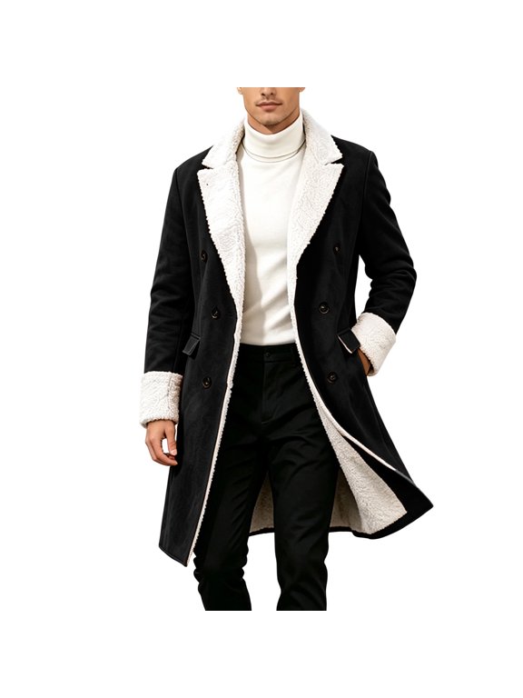 Men's Faux Suede Long Trench Coat Sherpa Lined Lapel Double Breasted Warm Outerwear
