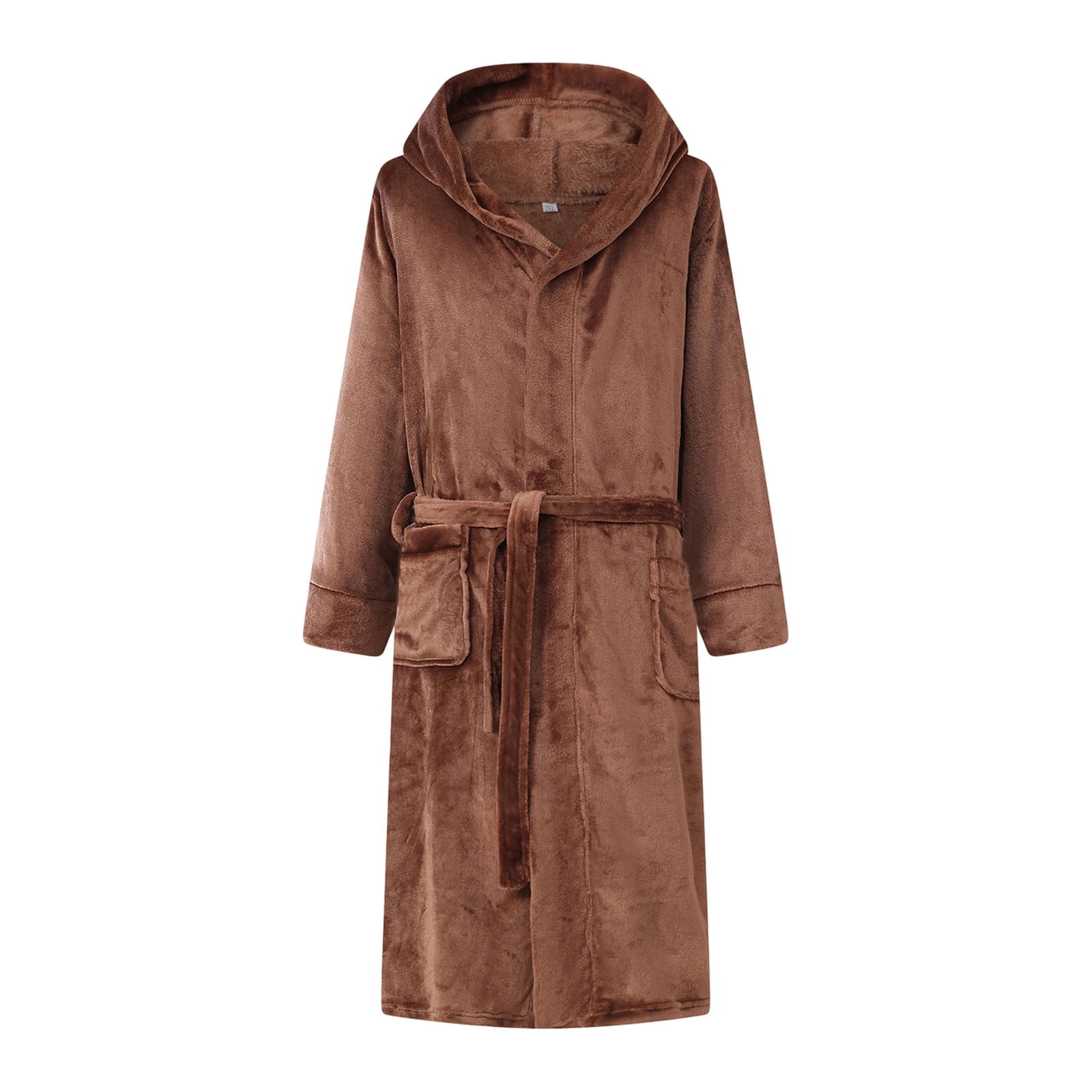 hoksml Men's Fleece Hooded Bath Robe, Long Sleeve Self Tie Belt ...