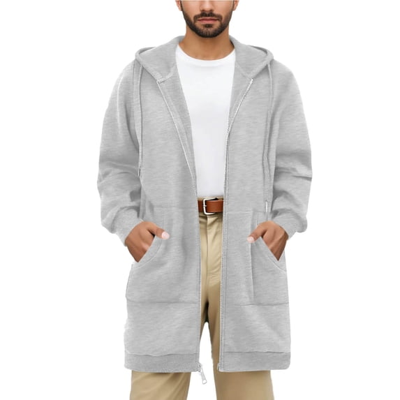hoksml Men's Fleece Hoodie Solid Color Zipper Loose Fit Mid-length Casual Sweatshirt with Front Pockets and Drawstring Hood