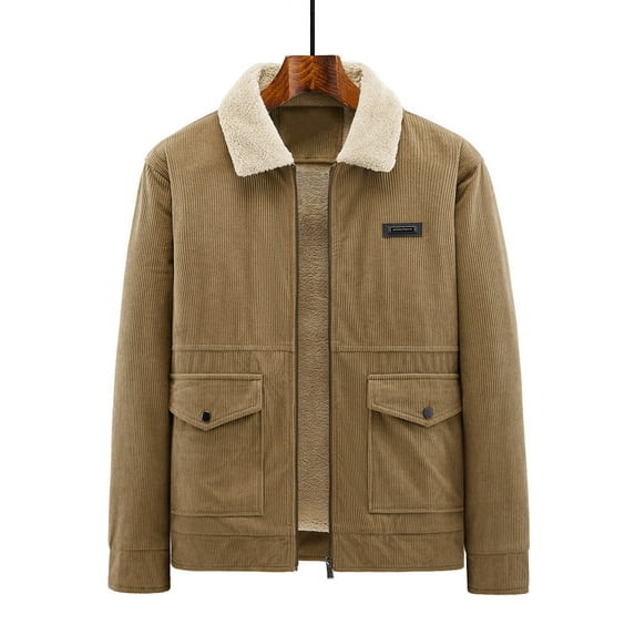 hoksml Men's Fleece Lined Corduroy Jacket Solid Color Turndown Collar Casual Zip Up Coat with Zippered Pockets M-5XL (Plus Size Available)