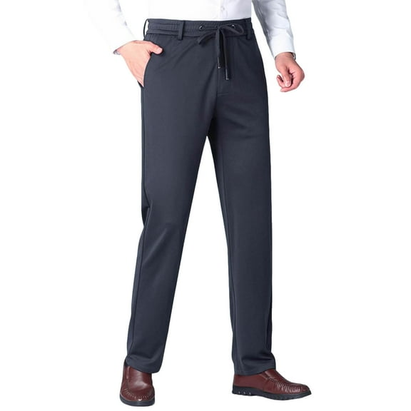 hoksml Men's Fleece-Lined Dress Pants Business Casual Elastic Waist Tie Trousers with Pockets for Seniors Winter Warm and Comfortable