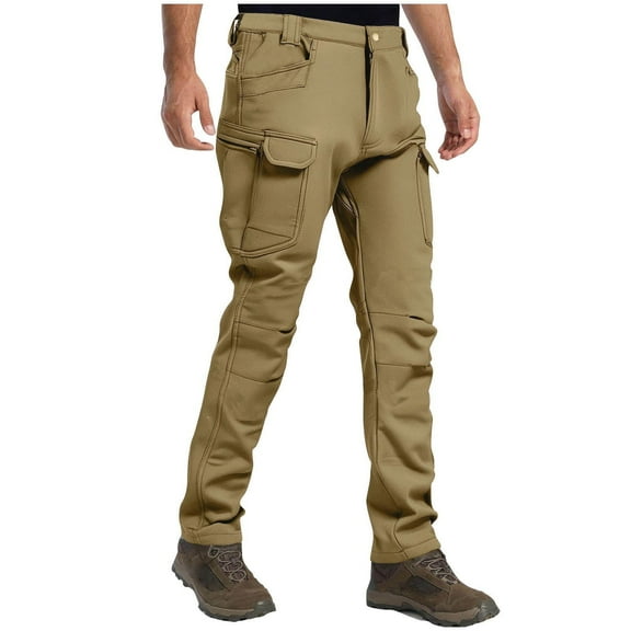 hoksml Men's Fleece-Lined Soft Shell Tactical Pants Winter Thermal Hiking Cargo Pants Thickened Outdoor Insulated Work Pants with Multiple Pockets