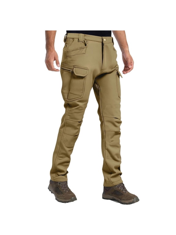 Men's Fleece-Lined Soft Shell Tactical Pants Winter Thermal Hiking Cargo Pants Thickened Outdoor Insulated Work Pants with Multiple Pockets