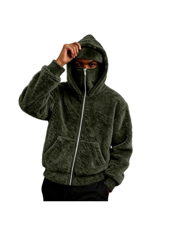 Men s Full Zip Fuzzy Hooded Jacket Solid Fleece Coat Built in Face Mask Kangaroo Pocket for Winter Daily Comfort