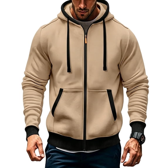 hoksml Men's Full Zip Hooded Sweatshirt, Contrast Trim Drawstring Hoodie Jacket with Kangaroo Pocket and Ribbed Cuffs, Casual Long Sleeve Outerwear