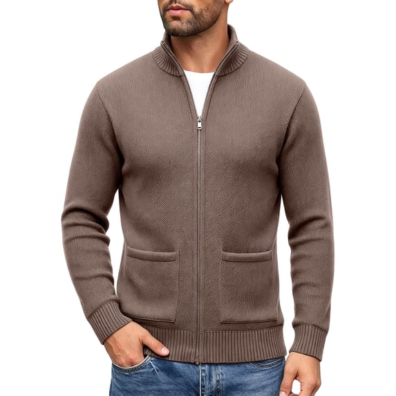 hoksml Men's Full Zip Knit Cardigan Stand Collar Long Sleeve Casual Soft Lightweight Sweater Jacket for Daily Comfort