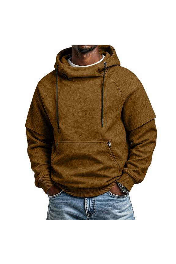 Men's Funnel Neck Hoodie with Layered Sleeves, Drawstring Raglan Pullover with Zipper Pocket, Loose Cut Casual Streetwear Top in Solid Colors