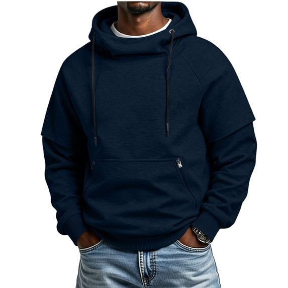 hoksml Men's Funnel Neck Hoodie with Layered Sleeves, Drawstring Raglan Pullover with Zipper Pocket, Loose Cut Casual Streetwear Top in Solid Colors