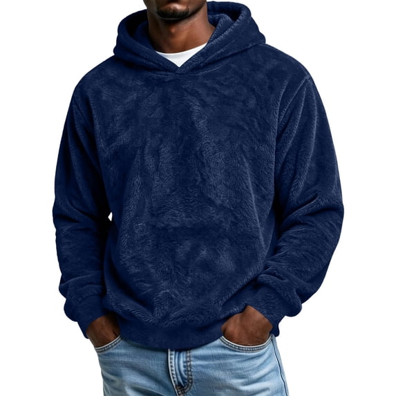 hoksml Men s Fuzzy Fleece Hoodie Solid Warm Long Sleeve Pullover for Fall Daily Work Outdoor Comfort