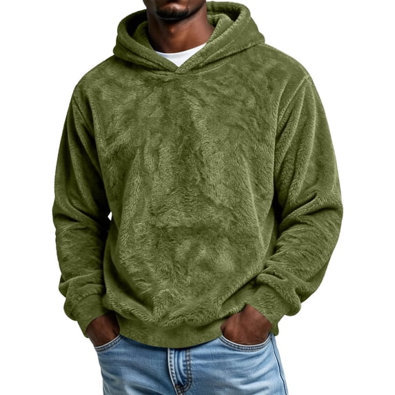 hoksml Men s Fuzzy Fleece Hoodie Solid Warm Long Sleeve Pullover for Fall Daily Work Outdoor Comfort