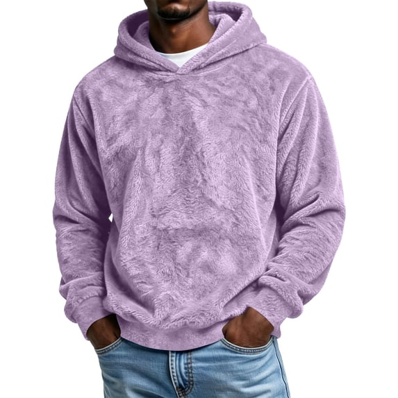 hoksml Men s Fuzzy Fleece Hoodie Solid Warm Long Sleeve Pullover for Fall Daily Work Outdoor Comfort
