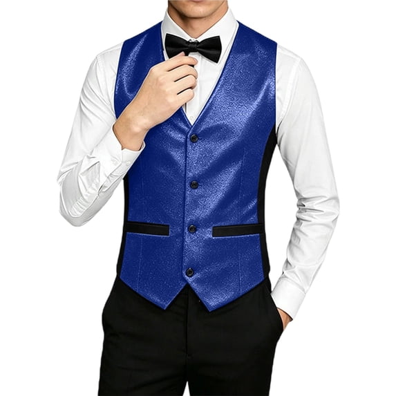 hoksml Men's Glitter V-Neck Suit Vest, 4 Button Slim Fit Formal Waistcoat with Adjustable Back Strap and Pockets, Wedding Party Dress Vest