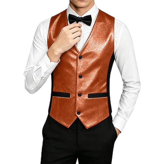 hoksml Men's Glitter V-Neck Suit Vest, 4 Button Slim Fit Formal Waistcoat with Adjustable Back Strap and Pockets, Wedding Party Dress Vest