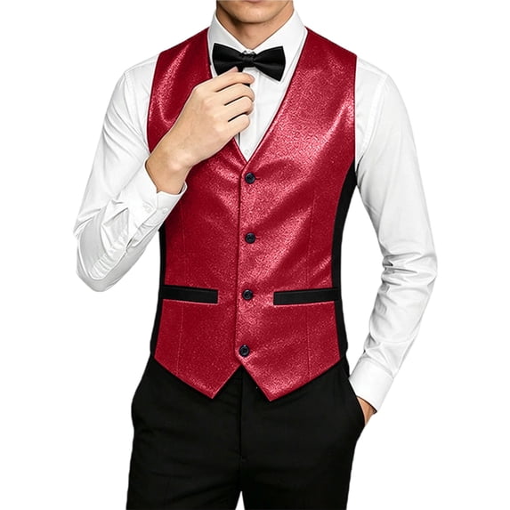 hoksml Men's Glitter V-Neck Suit Vest, 4 Button Slim Fit Formal Waistcoat with Adjustable Back Strap and Pockets, Wedding Party Dress Vest