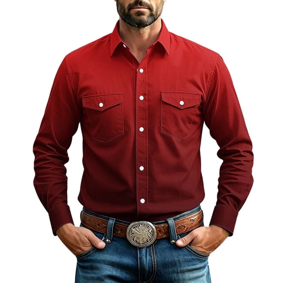 hoksml Men's Gradient Western Long Sleeve Shirt Point Collar Dual Pocket Stretch Casual Everyday Top