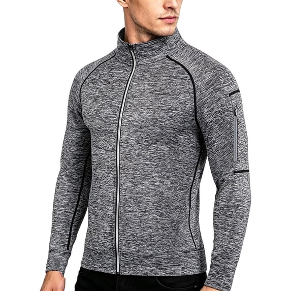 hoksml Men's Heather Raglan Full Zip Performance Athletic Jacket, Stand Collar Quick Dry Top with Zip Sleeve Pocket for Running Gym Outdoor Daily Wear