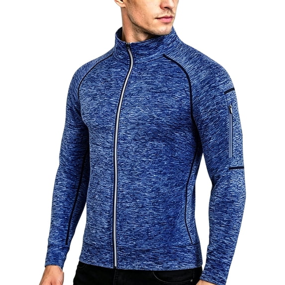 hoksml Men's Heather Raglan Full Zip Performance Athletic Jacket, Stand Collar Quick Dry Top with Zip Sleeve Pocket for Running Gym Outdoor Daily Wear