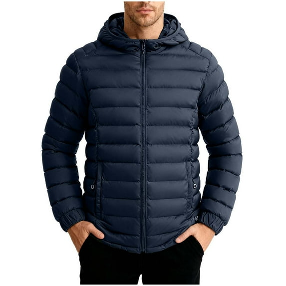 hoksml Men's Heavyweight Puffer Jacket with Detachable Hood Solid Color Zip-Front Coat with Zipper Pockets for Extreme Cold Weather