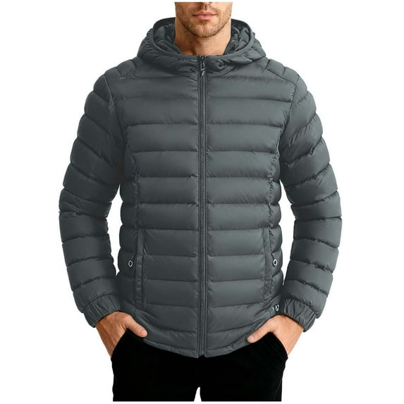 hoksml Men's Heavyweight Puffer Jacket with Detachable Hood Solid Color Zip-Front Coat with Zipper Pockets for Extreme Cold Weather