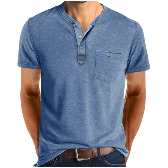 hoksml Men's Henley T-Shirts Casual Block Color Pocket Short Sleeve Round Neck Collar Blouse Summer Loose Lightweight Breathable Top Tee Shirts